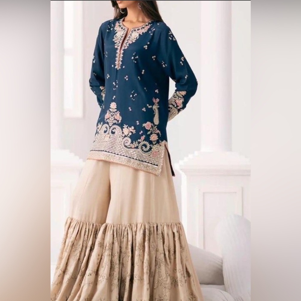 Embroidered Navy Top with Cream Sharara Skirt - Picture 2 of 12
